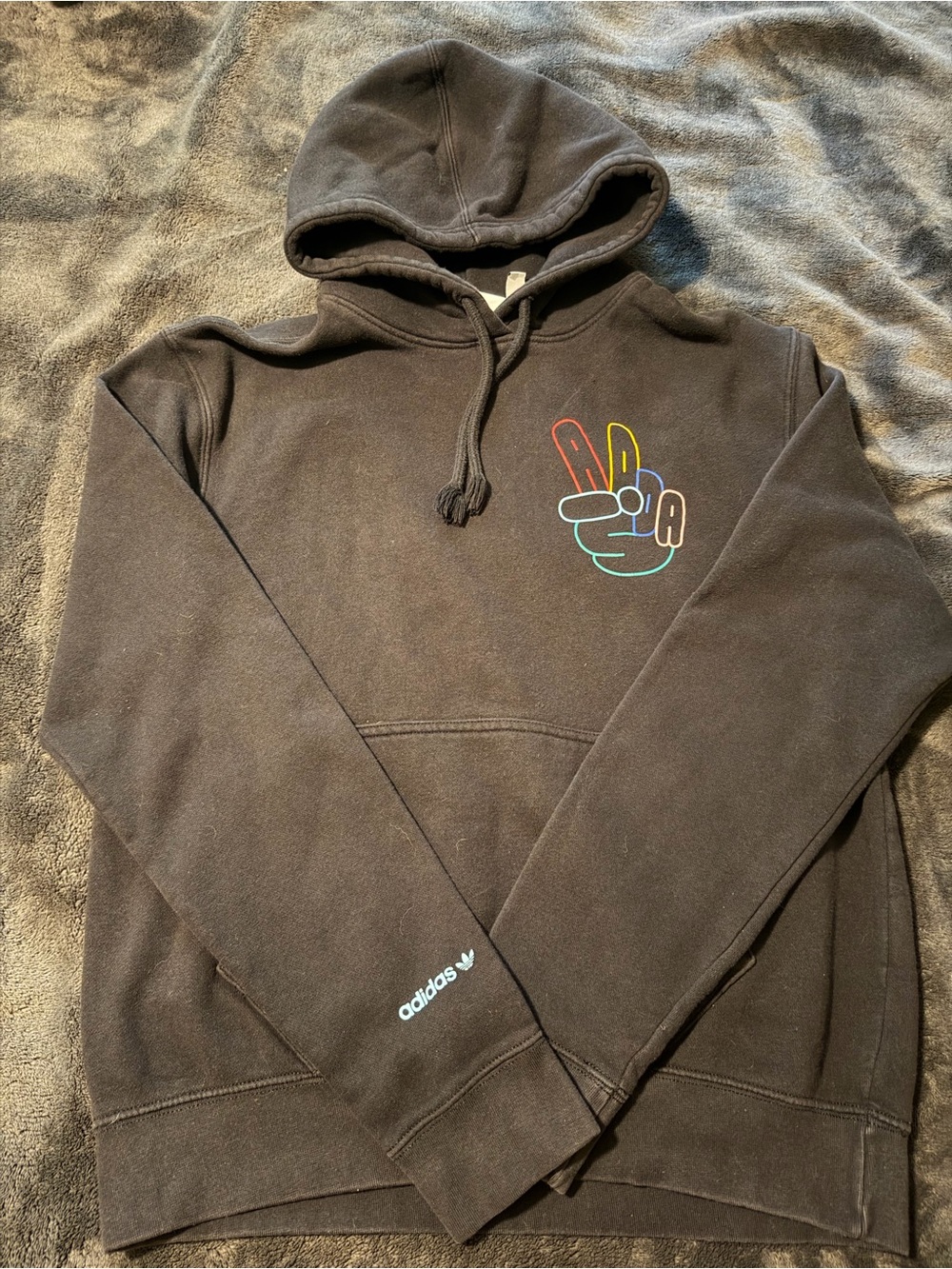 adidas Black Hoodie with Multicolor Peace Hand Graphic